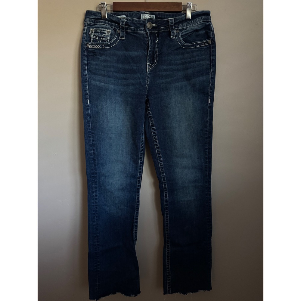 Vigoss Slim Bootcut Jeans Womens 12 Medium Wash Excellent Embroidered Raw Hem